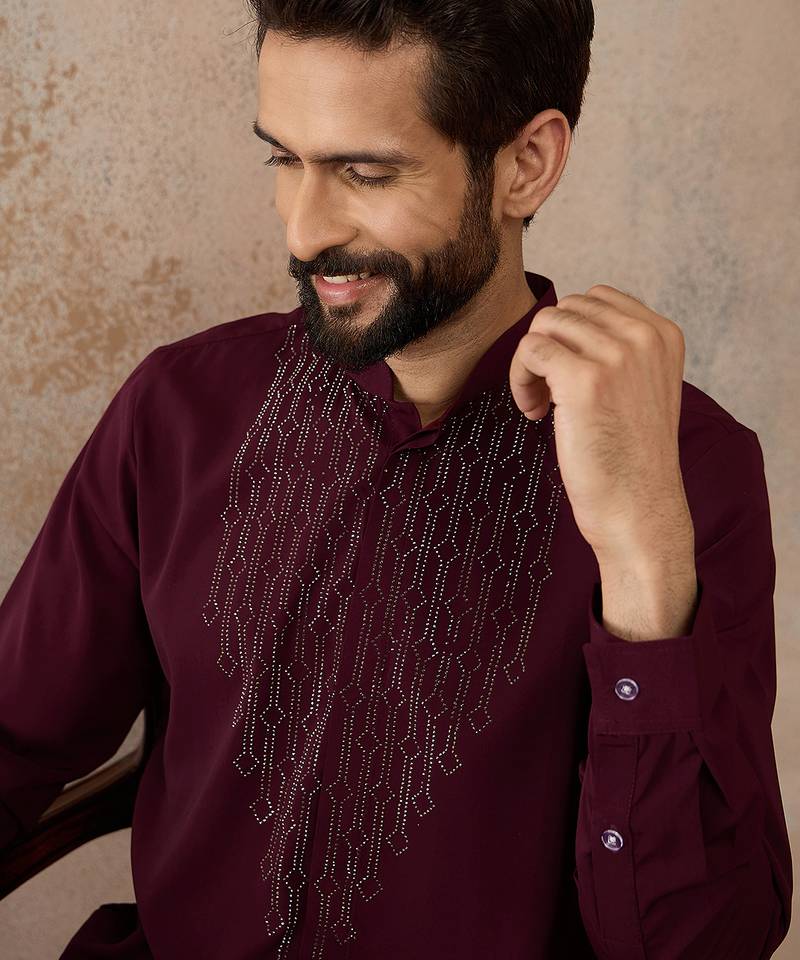 Men's maroon viscose rayon printed design ethnic motifs kurta with trousers – trendy festive & wedding wear