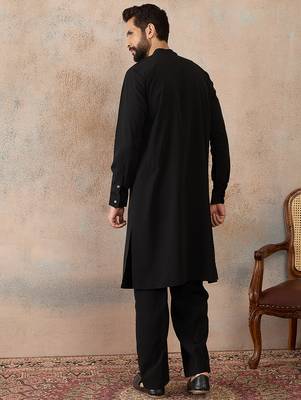 Men's black viscose rayon printed design ethnic motifs kurta with trousers – trendy festive & wedding wear 4
