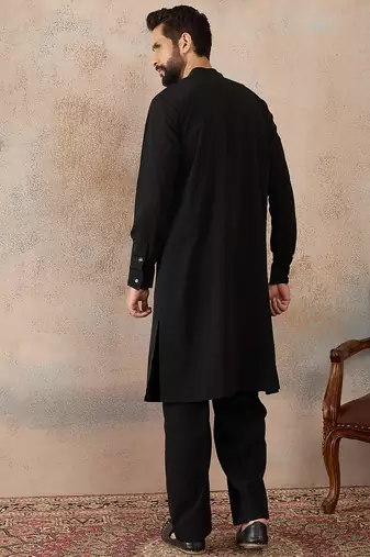 Men's black viscose rayon printed design ethnic motifs kurta with trousers trendy festive & wedding wear