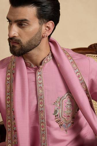 Men's pink viscose rayon embroidered solid kurta, trouser & dupatta set – trendy festive & wedding wear