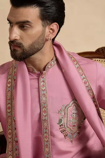 Men's pink viscose rayon embroidered solid kurta, trouser & dupatta set trendy festive & wedding wear