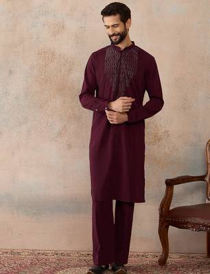 Men's maroon viscose rayon printed design ethnic motifs kurta with trousers – trendy festive & wedding wear 2