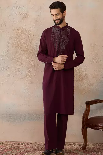 Men's maroon viscose rayon printed design ethnic motifs kurta with trousers trendy festive & wedding wear