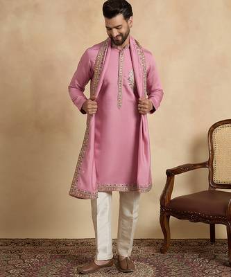 Men's pink viscose rayon embroidered solid kurta, trouser & dupatta set – trendy festive & wedding wear 2
