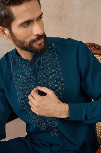 Men's blue viscose rayon printed design ethnic motifs kurta with trousers trendy festive & wedding wear