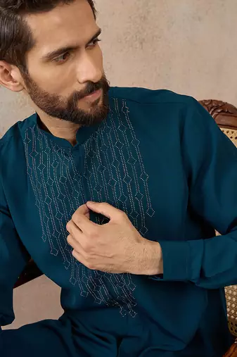 Men's blue viscose rayon printed design ethnic motifs kurta with trousers trendy festive & wedding wear