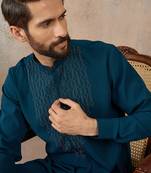 Men's blue viscose rayon printed design ethnic motifs kurta with trousers – trendy festive & wedding wear