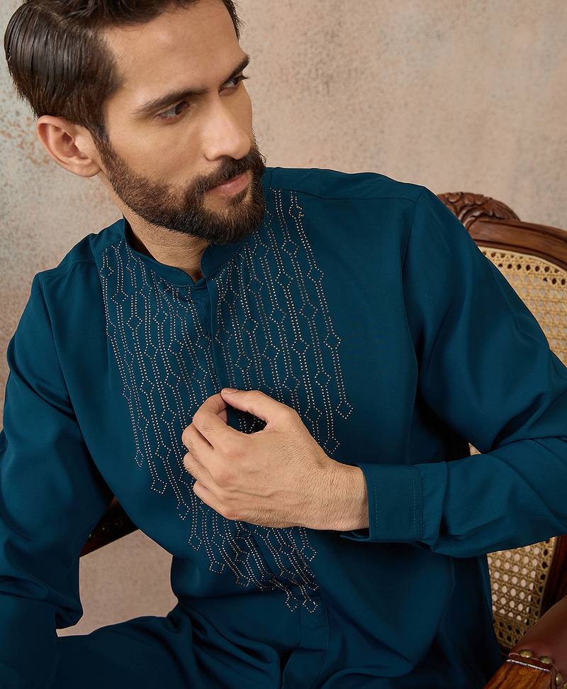 Men's blue viscose rayon printed design ethnic motifs kurta with trousers – trendy festive & wedding wear