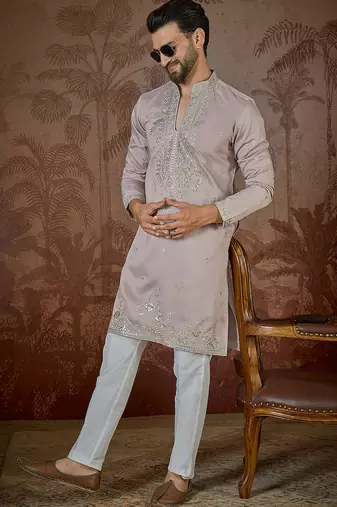 Men's lavender silk blend embroidered solid kurta stylish festive ethnic wear