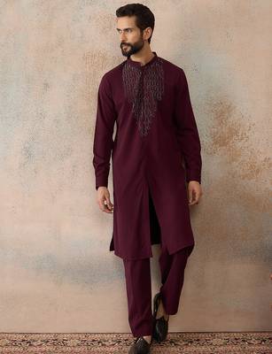 Men's maroon viscose rayon printed design ethnic motifs kurta with trousers – trendy festive & wedding wear 3