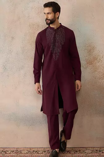 Men's maroon viscose rayon printed design ethnic motifs kurta with trousers trendy festive & wedding wear