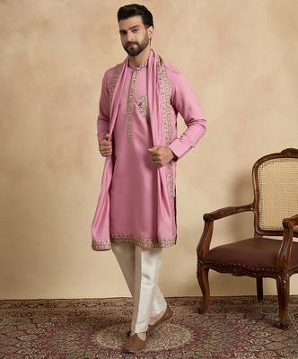 Men's pink viscose rayon embroidered solid kurta, trouser & dupatta set – trendy festive & wedding wear 3