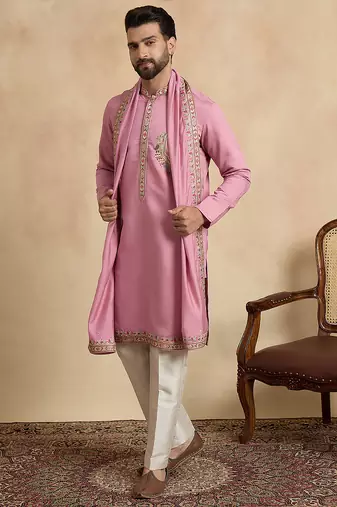 Men's pink viscose rayon embroidered solid kurta, trouser & dupatta set trendy festive & wedding wear