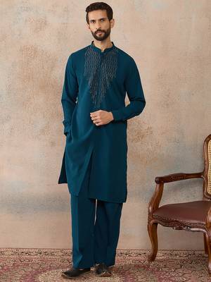 Men's blue viscose rayon printed design ethnic motifs kurta with trousers – trendy festive & wedding wear 2