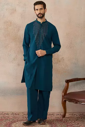 Men's blue viscose rayon printed design ethnic motifs kurta with trousers trendy festive & wedding wear