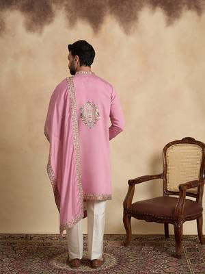 Men's pink viscose rayon embroidered solid kurta, trouser & dupatta set – trendy festive & wedding wear 4