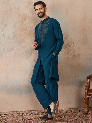 Men's blue viscose rayon printed design ethnic motifs kurta with trousers – trendy festive & wedding wear 3