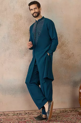 Men's blue viscose rayon printed design ethnic motifs kurta with trousers trendy festive & wedding wear