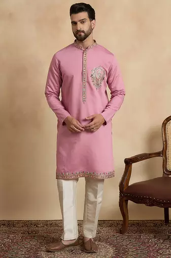 Men's pink viscose rayon embroidered solid kurta, trouser & dupatta set trendy festive & wedding wear