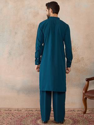 Men's blue viscose rayon printed design ethnic motifs kurta with trousers – trendy festive & wedding wear 4