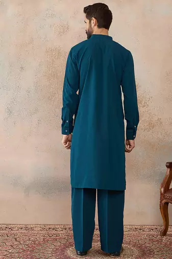 Men's blue viscose rayon printed design ethnic motifs kurta with trousers trendy festive & wedding wear