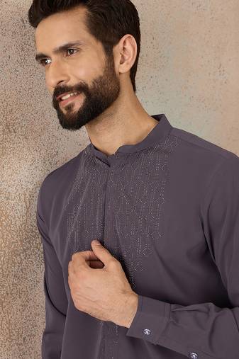 Men's grey viscose rayon printed design ethnic motifs kurta with trousers – trendy festive & wedding wear