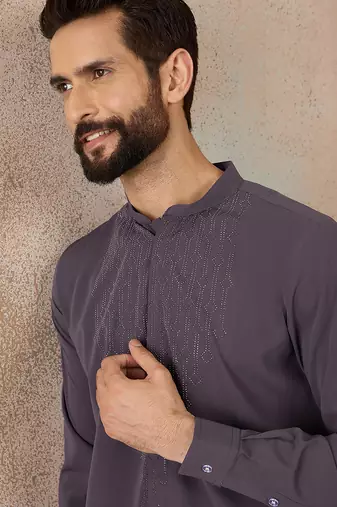 Men's grey viscose rayon printed design ethnic motifs kurta with trousers trendy festive & wedding wear