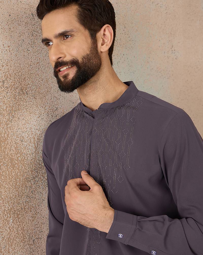 Men's grey viscose rayon printed design ethnic motifs kurta with trousers – trendy festive & wedding wear