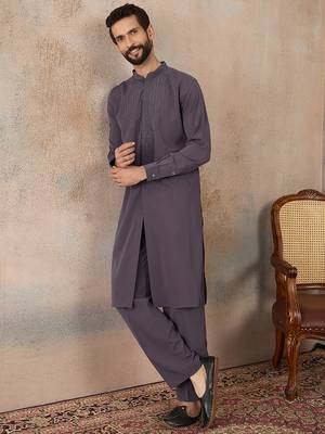 Men's grey viscose rayon printed design ethnic motifs kurta with trousers – trendy festive & wedding wear 2