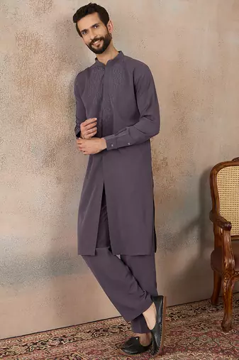 Men's grey viscose rayon printed design ethnic motifs kurta with trousers trendy festive & wedding wear