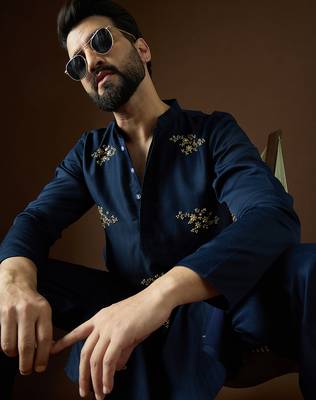 Men's blue viscose rayon dyed design solid kurta with trousers trendy festive & wedding wear 1