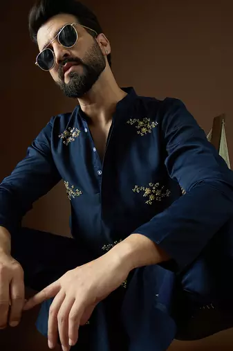 Men's blue viscose rayon dyed design solid kurta with trousers trendy festive & wedding wear
