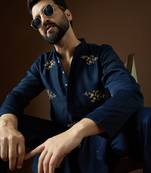 Men's blue viscose rayon dyed design solid kurta with trousers trendy festive & wedding wear
