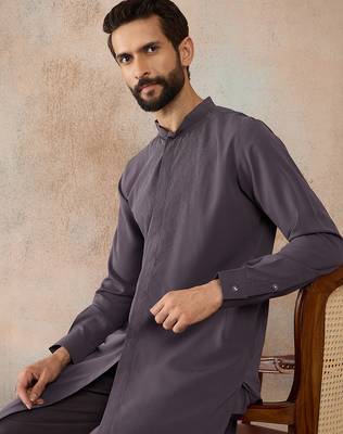 Men's grey viscose rayon printed design ethnic motifs kurta with trousers – trendy festive & wedding wear 3
