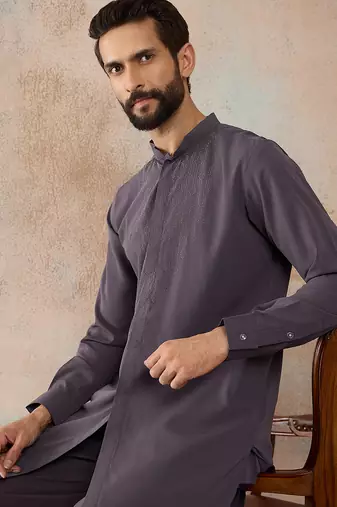 Men's grey viscose rayon printed design ethnic motifs kurta with trousers trendy festive & wedding wear
