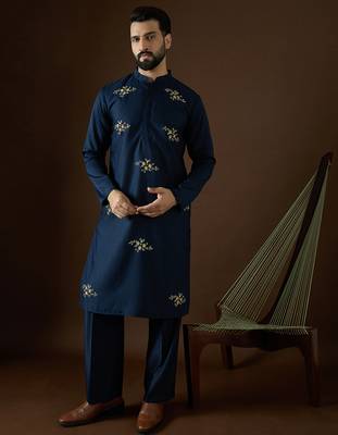 Men's blue viscose rayon dyed design solid kurta with trousers trendy festive & wedding wear 2