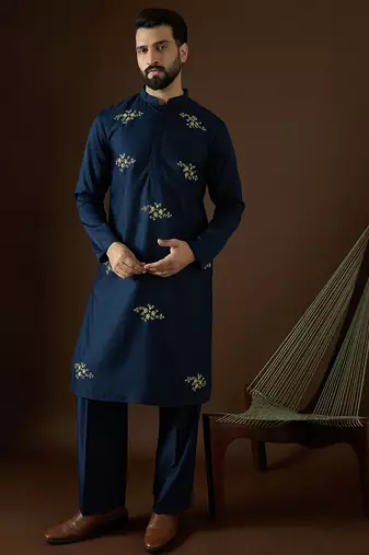 Men's blue viscose rayon dyed design solid kurta with trousers trendy festive & wedding wear