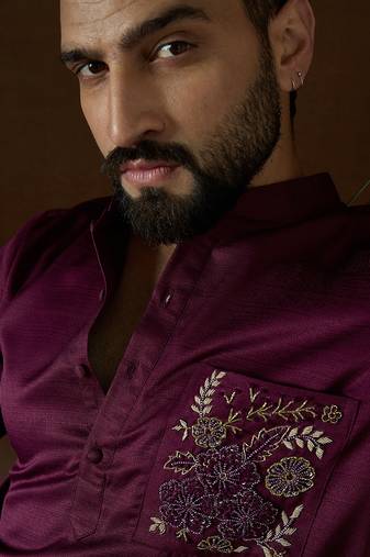 Men's purple viscose rayon embroidered design solid kurta with trousers trendy festive & wedding wear