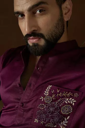 Men's purple viscose rayon embroidered design solid kurta with trousers trendy festive & wedding wear