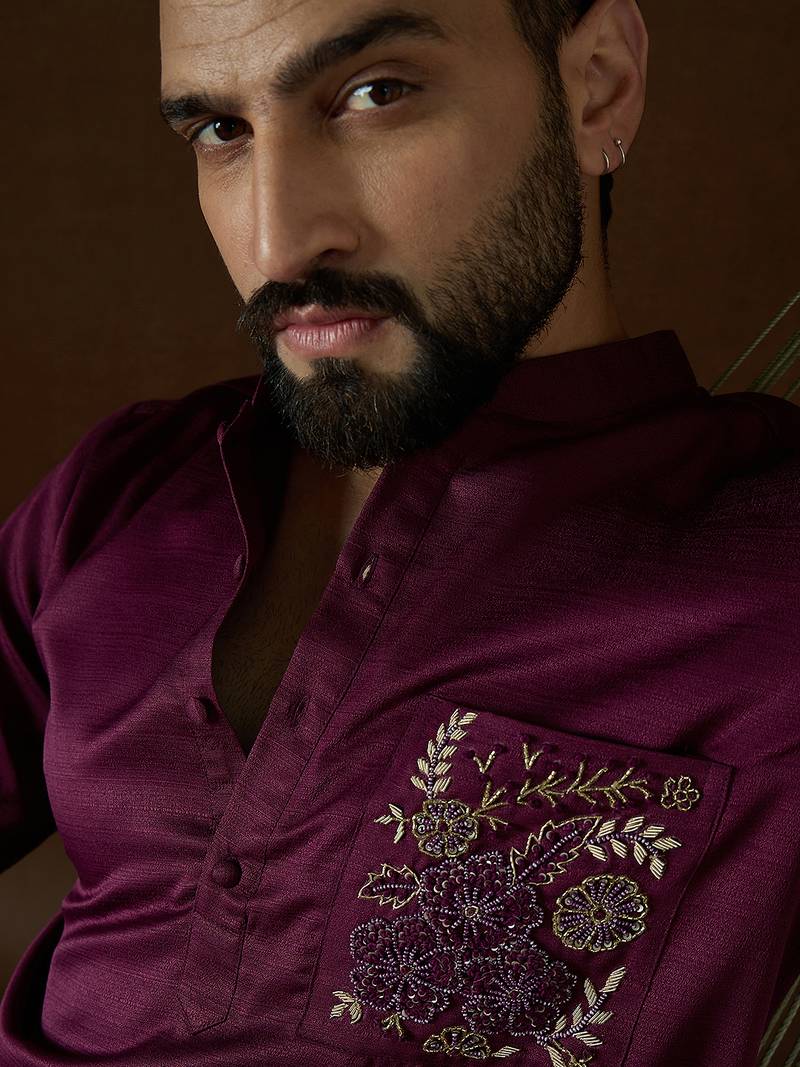 Men's purple viscose rayon embroidered design solid kurta with trousers trendy festive & wedding wear