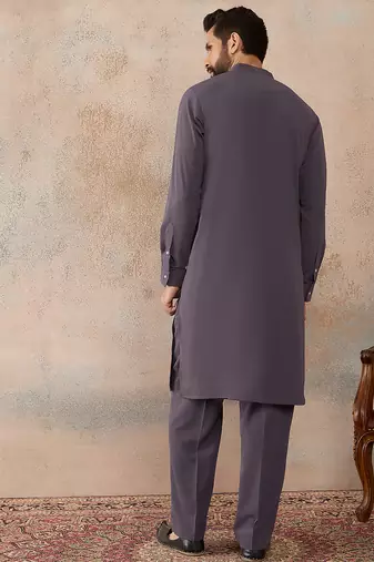 Men's grey viscose rayon printed design ethnic motifs kurta with trousers trendy festive & wedding wear