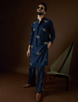 Men's blue viscose rayon dyed design solid kurta with trousers trendy festive & wedding wear 3