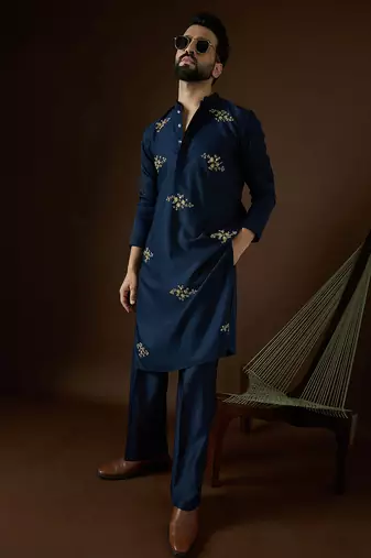 Men's blue viscose rayon dyed design solid kurta with trousers trendy festive & wedding wear
