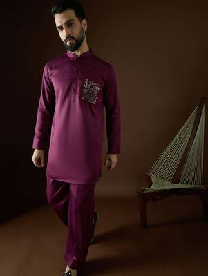 Men's purple viscose rayon embroidered design solid kurta with trousers trendy festive & wedding wear 2