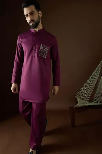 Men's purple viscose rayon embroidered design solid kurta with trousers trendy festive & wedding wear