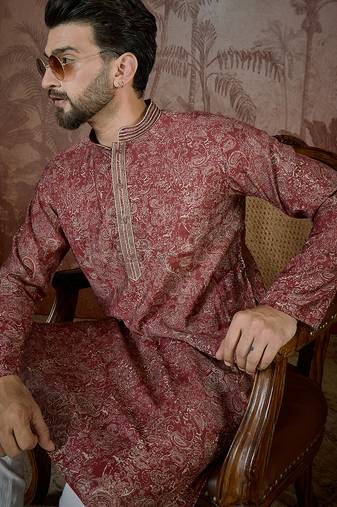 Men's maroon viscose rayon embroidered design floral kurta with trousers – trendy festive & wedding wear