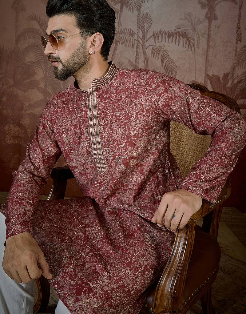 Men's maroon viscose rayon embroidered design floral kurta with trousers – trendy festive & wedding wear