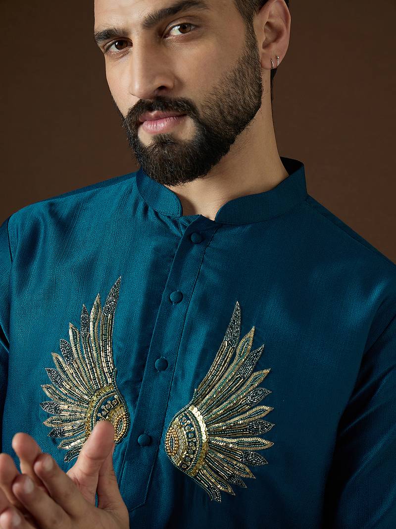Men's navy blue viscose rayon embroidered design solid kurta with trousers – trendy festive & wedding wear