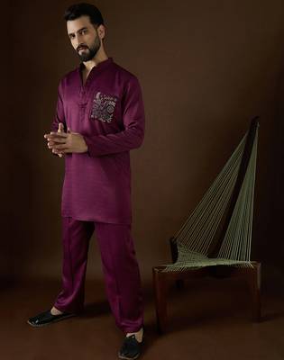 Men's purple viscose rayon embroidered design solid kurta with trousers trendy festive & wedding wear 3