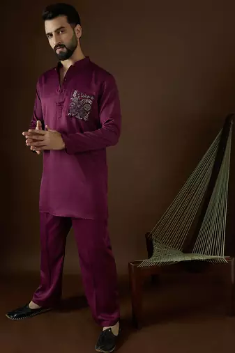 Men's purple viscose rayon embroidered design solid kurta with trousers trendy festive & wedding wear